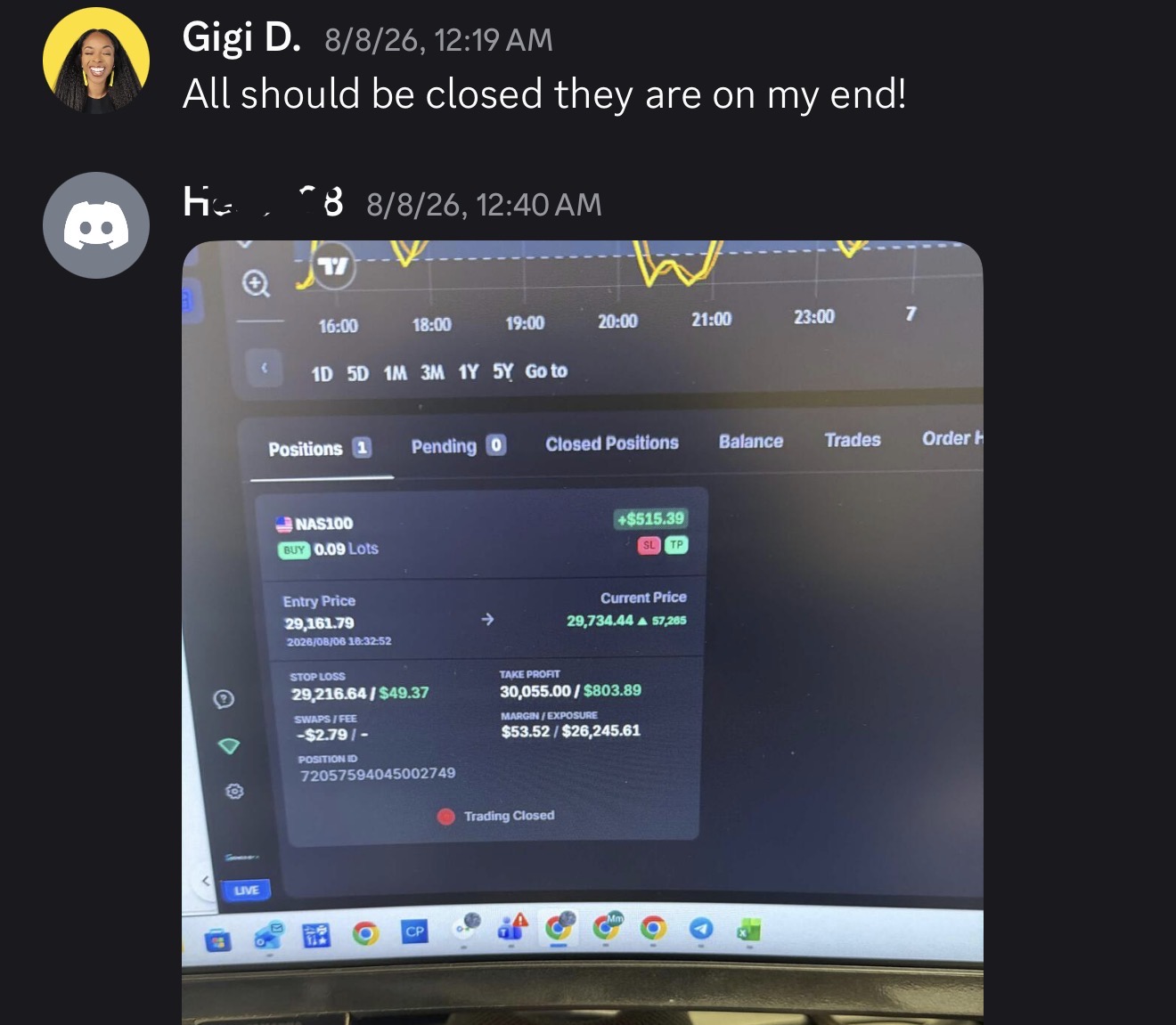 Mentee trade on NAS100 showing a $515 win